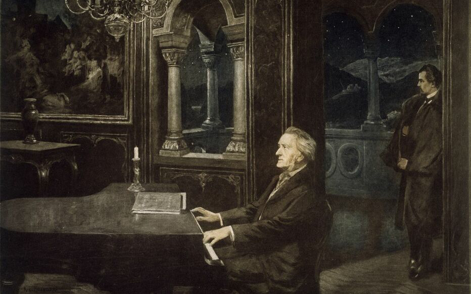 En esta pintura de Kurt von Rozynski (s. XIX), Richard Wagner toca para su mecenas, Luis II de Baviera